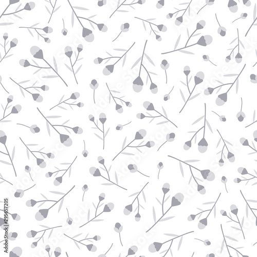 Vector seamless pattern of pale grey flower buds on branches on a white background. Great for dressmaking and home decor fabric.