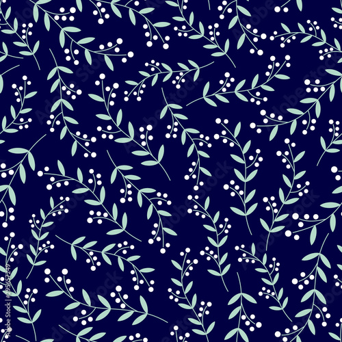 Vector seamless pattern of white berries with mint green vines on a dark navy blue background. Great for dressmaking fabric, bedroom decor and wallpaper.