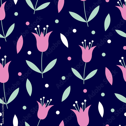Vector seamless pattern of large hot pink flowers with mint green leaves on a dark navy blue background. Great for dressmaking fabric  bedroom decor and wallpaper.