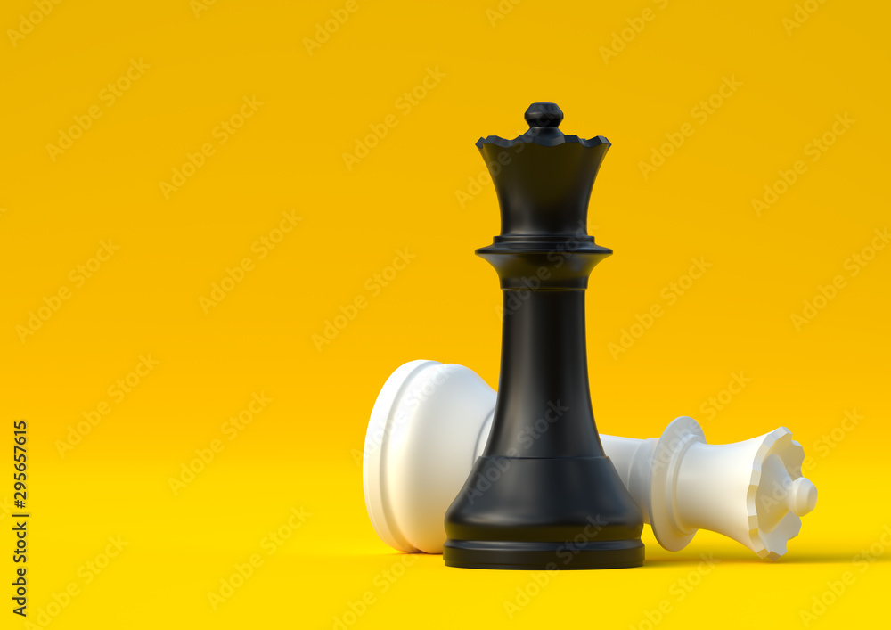 Black and white queen chess piece isolated on pastel yellow background