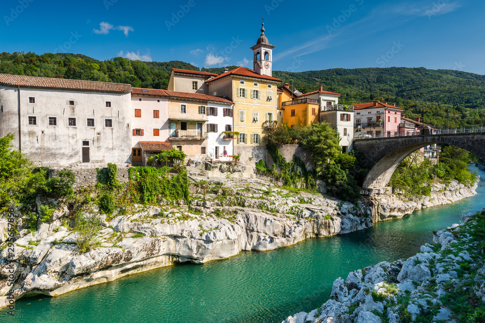 Colorful Architecture of Kanal Ob Soci Town in Slovenia at River Soca