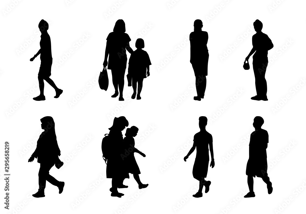 Fototapeta premium People silhouette walking set, Shadow different adult and child illustration, Black men and women vector