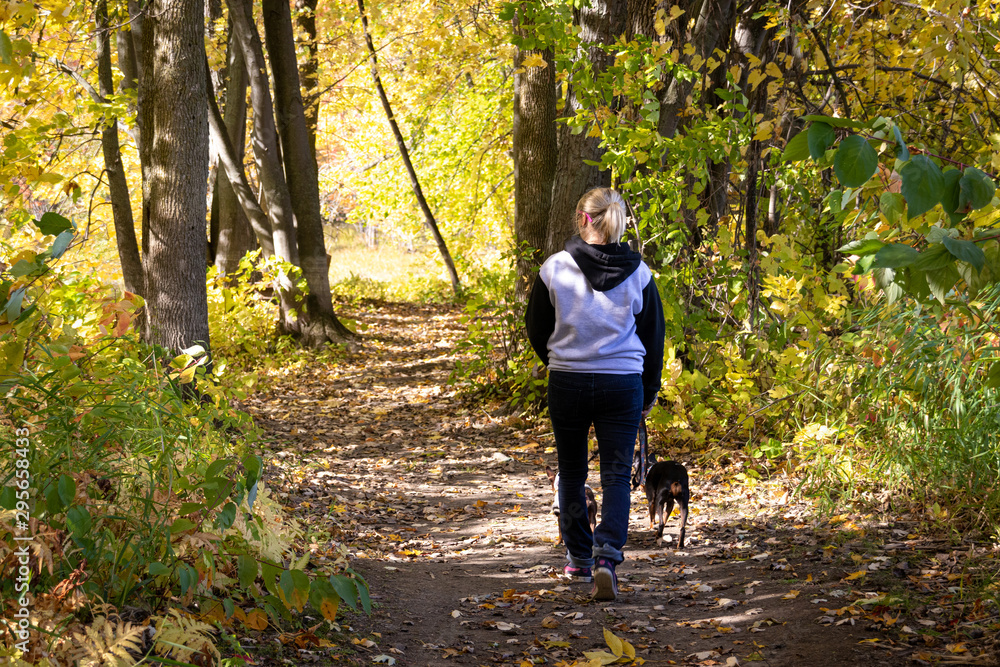 Blond woman walking her dog in a trail at fall