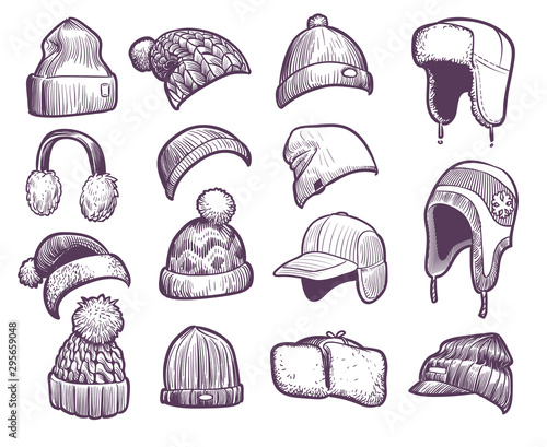 Hand drawn winter hats. Set of different knitted hat with pom pom and ear flap, fisherman beanie, sport cap headwear sketch vector set