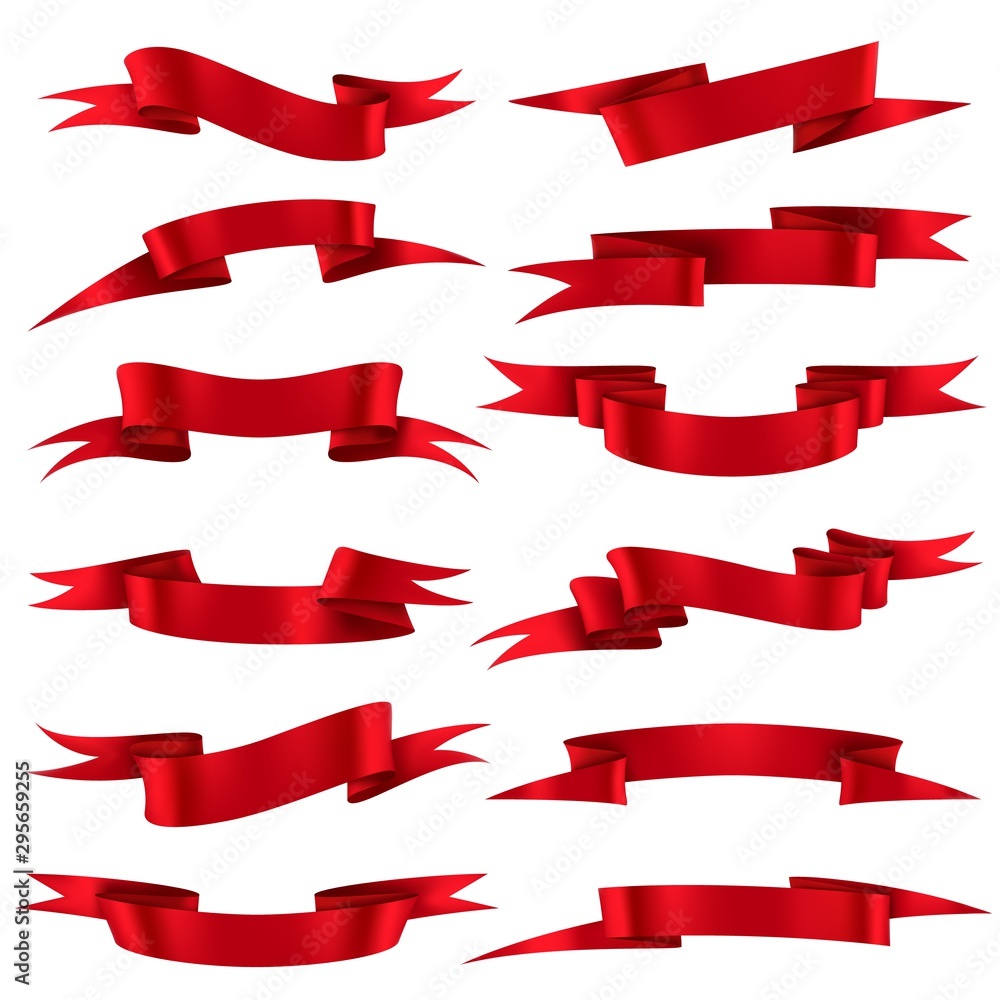 Red ribbons. Scarlet silk decorative curved banners for discount offer and gift realistic 3d isolated retro vector set Red ribbons. Scarlet silk decorative curved banners for discount offer and gift realistic 3d isolated retro vector set