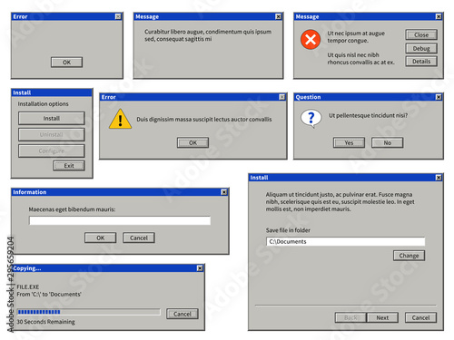 Old user interface window. Old computer retro browser dialog box with buttons. Warning system messages vector templates