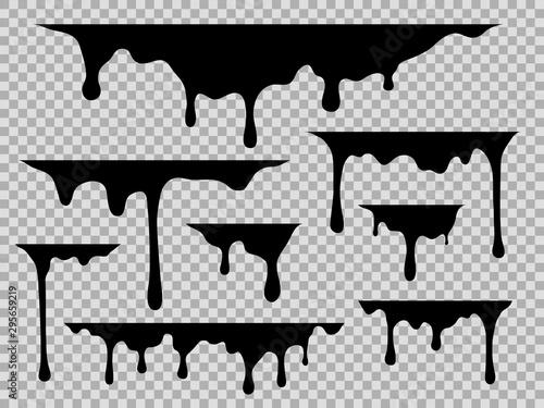 Drips. Dripping liquid black paint, current drops stains graffiti silhouette fluid trickles, drip melt flows oil, vector illustration