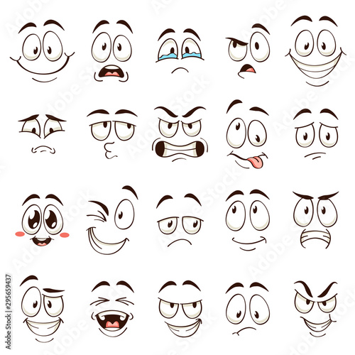 Cartoon faces. Caricature comic emotions with different expressions. Expressive eyes and mouth, funny flat vector characters set
