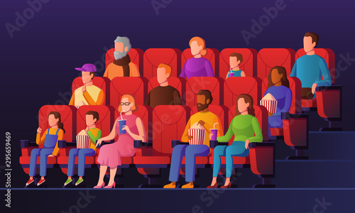 People in movie hall. Kids and adults watch cinema sitting on red chairs with popcorn in movie theater. Entertainment vector concept