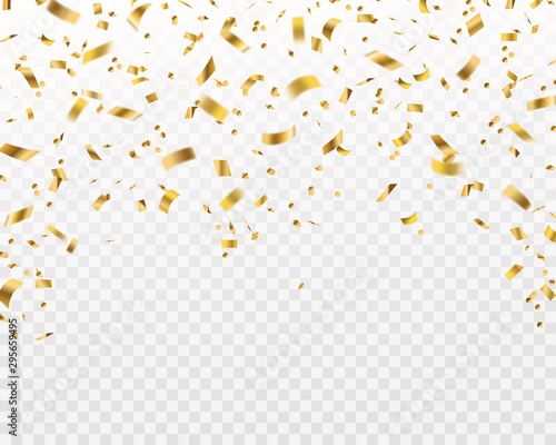 Golden confetti. Falling gold foil ribbons, flying yellow glitter. Christmas holiday and anniversary party vector isolated texture
