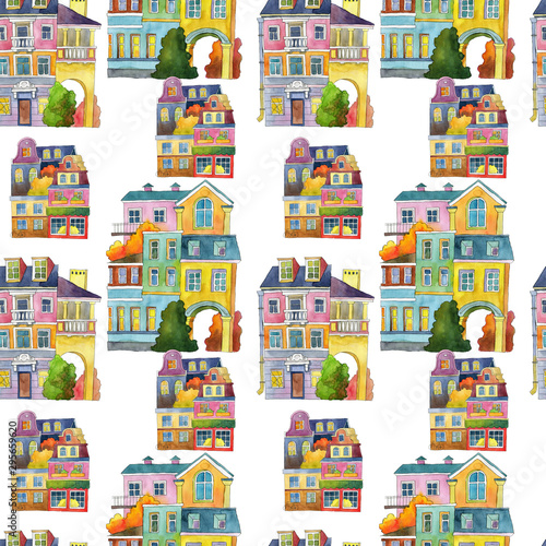 Pattern of watercolor houses isolated on white background. Children's illustration. Seamless background.