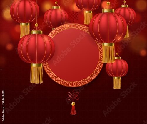 Chinese lanterns. Japanese asian 2020 rat new year red lamps festival 3d chinatown traditional realistic festive vector background