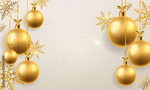 Christmas ball background. Golden xmas tree toys spheres hanging, decoration. Winter holidays and new year vector festive backdrop