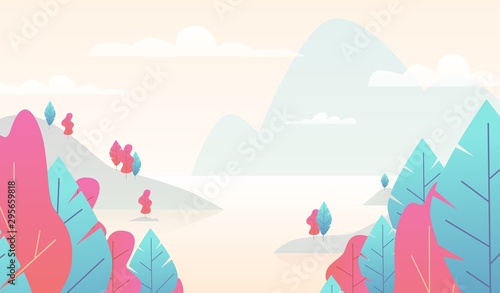Flat minimal landscape. Mountain nature scene with trees and lake. Fall panorama with pond. Minimalist fantasy vector background