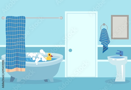 Cartoon bath. Cute white hot shower and bathtub with bubbles and toy in inside bathroom isolated vector illustration