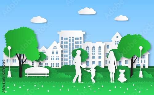 Paper eco city. Family with kids in green natural park, urban ecosystem and natural energy origami, ecological environment vector concept