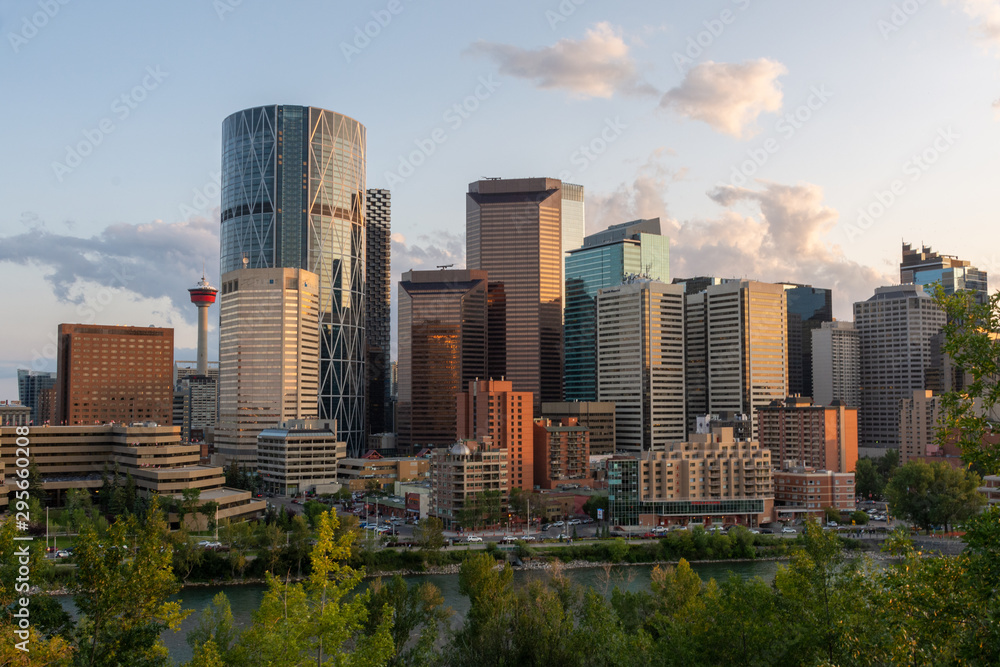 Calgary, Canada - August 4, 2019: View of the downtown of Calgary during sunset