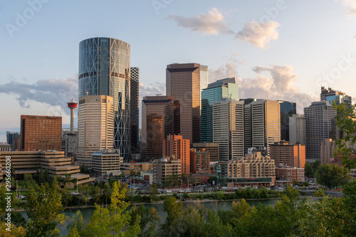 Calgary, Canada - August 4, 2019: View of the downtown of Calgary during sunset