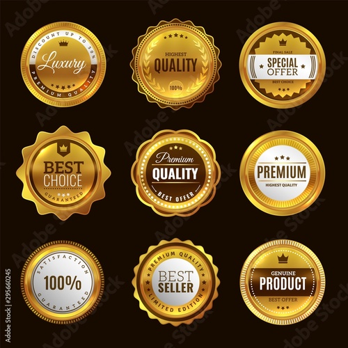 Best certification golden sign. Gold design premium award emblem medals and round labels stamp vector elegant set