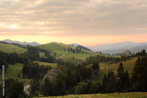 Mount Beresnik  Smolegowa Skala and Kociubylska Skala at sunset. View from East  Rozdziela Pass . Pieniny Mountains  Poland.