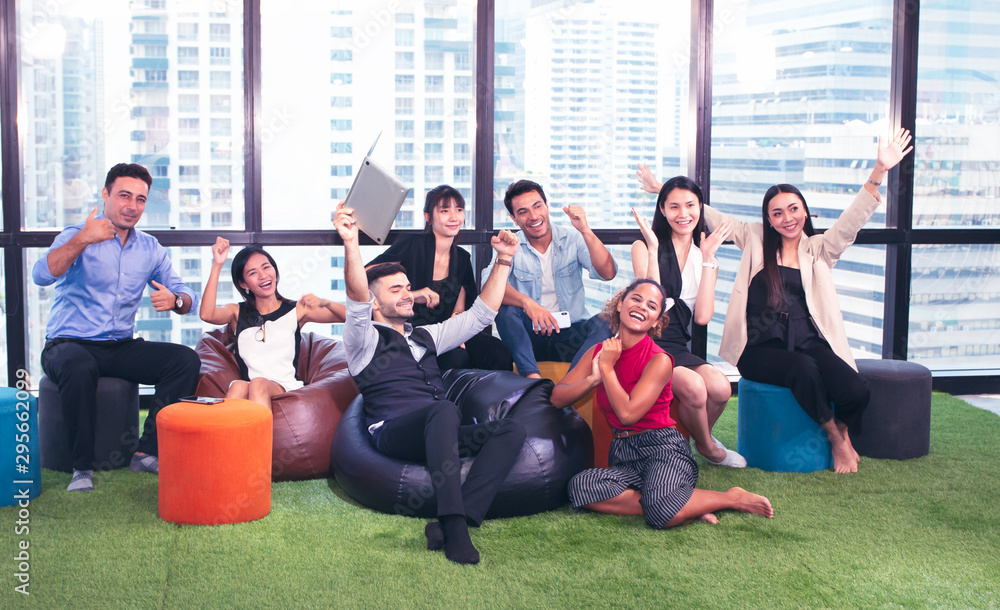 Fototapeta premium Executives Business people relaxing and talking in nature workplace room, Professional young creative designer talking with team