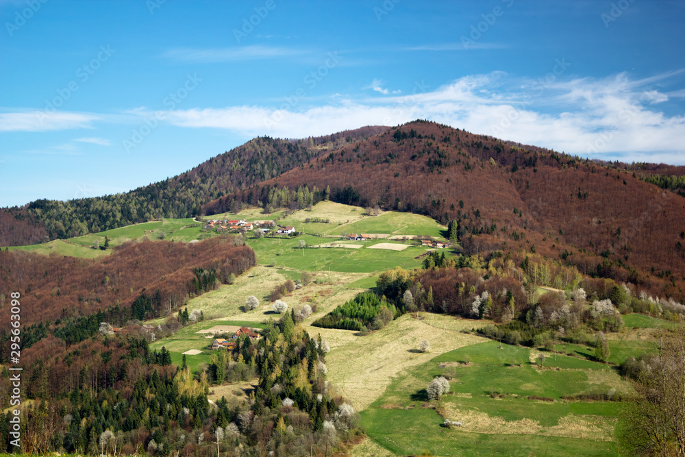 Makowica Mount in Spring. View from mount Dzielnica near village Wola Krogulecka.