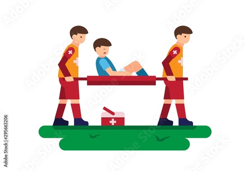 flat illustration of medical staff carrying footbal player injury, symbol, icon,