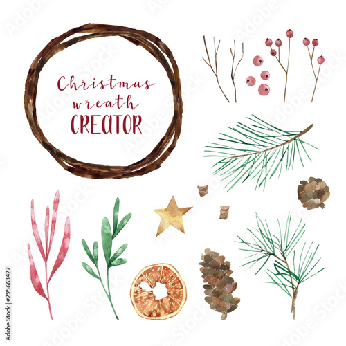 Watercolor wreath CREATOR. Floral and Christmas elements. Hand draw winter illustration, isolated on white background. Perfect for greeting cards, invitation, wrapping paper, tags