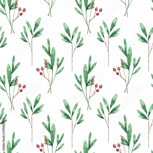 Watercolor seamless pattern with leaves and berries. Hand drawn winter illustration on white background. Perfect for Christmas greeting cards, invitation, wrapping paper, textile