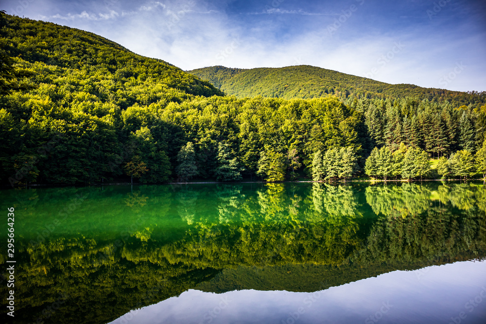 Beautiful turquoise lake surrounded by green forest and mountains. Balkana lake in Bosnia and Herzegovina.