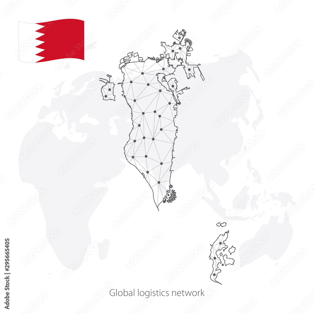 Global logistics network concept. Communications network map Bahrain on the world background. Map of Bahrain with nodes in polygonal style and national flag.  EPS10.