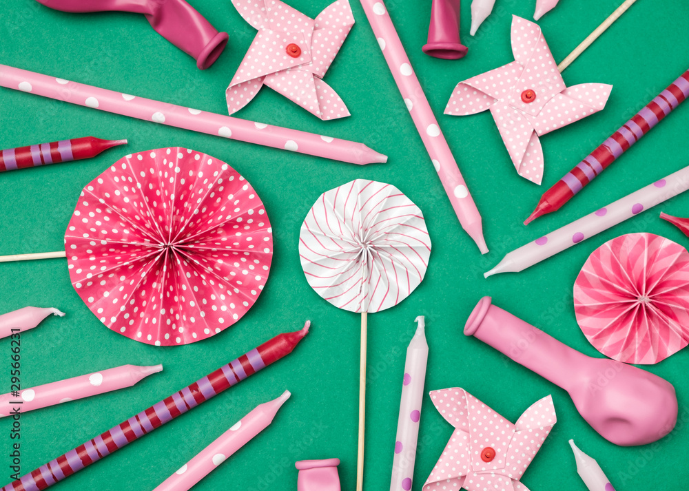 Fototapeta premium Flat lay decoration party concept on colorful background