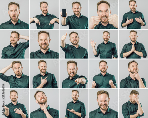 Set of handsome man with different emotions and gestures photo