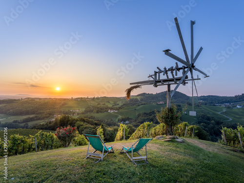 Obraz na plátně Sunset over grape hills at Eckberg viewed from Sernauberg - 2 deckchairs between