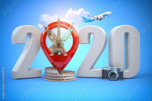 2020 Happy new year. Number 2020 and pin with most popular landmarks of the world. New year celebration in London, Paris, Rome or New York.