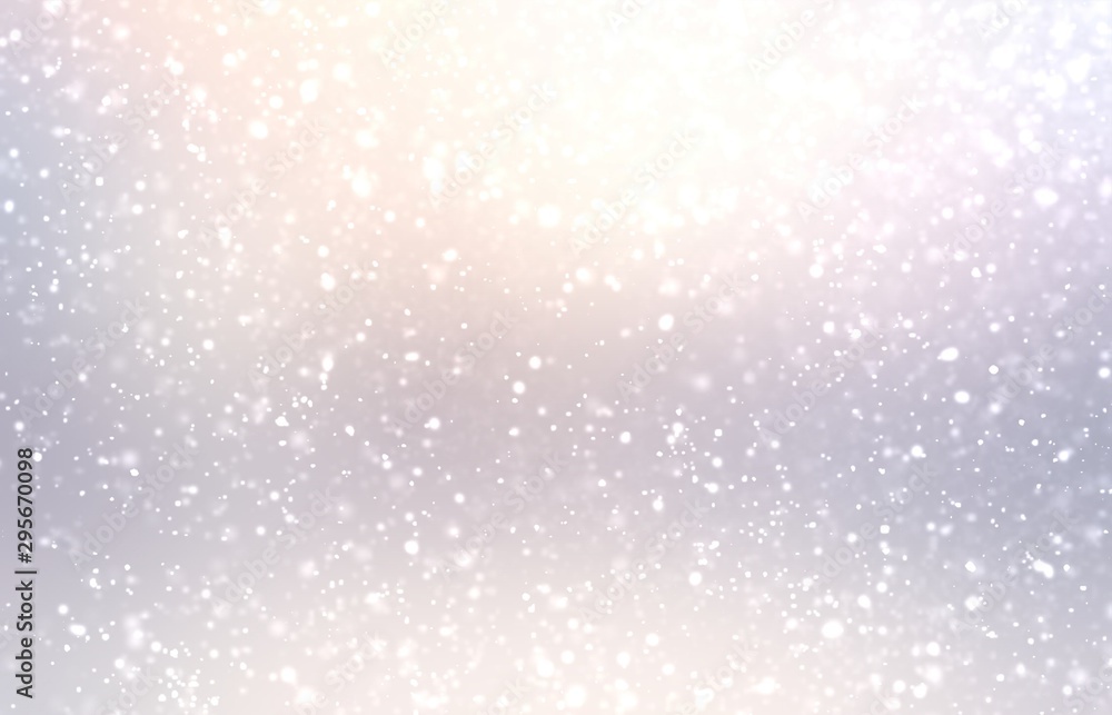 Light snow on subtle natural defocused background. Pastel outdoor abstract illustration. Winter shimmer texture. Lens flare.