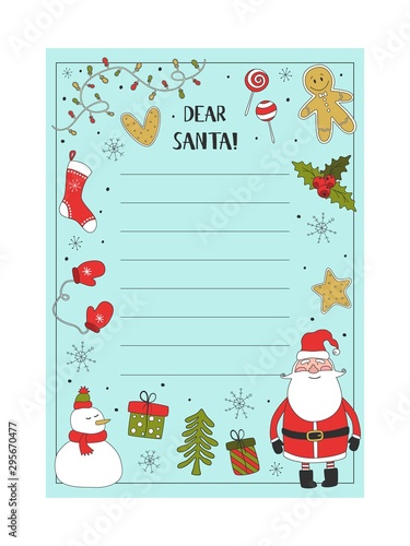 Cartoon Christmas wish christmas items. A letter to Santa Claus template. Christmas background with a place for Christmas gifts for Santa wish list. Vector illustration.