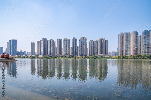 Meixi Lake City Island Viewing Platform and Construction of Intensive Real Estate in Changsha City  Hunan Province  China