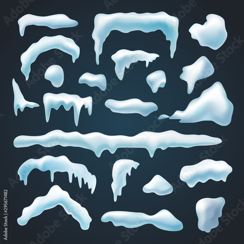 Set of snow caps, snowdrifts of various shapes, snowy seasonal decorative elements, isolated vector illustration.