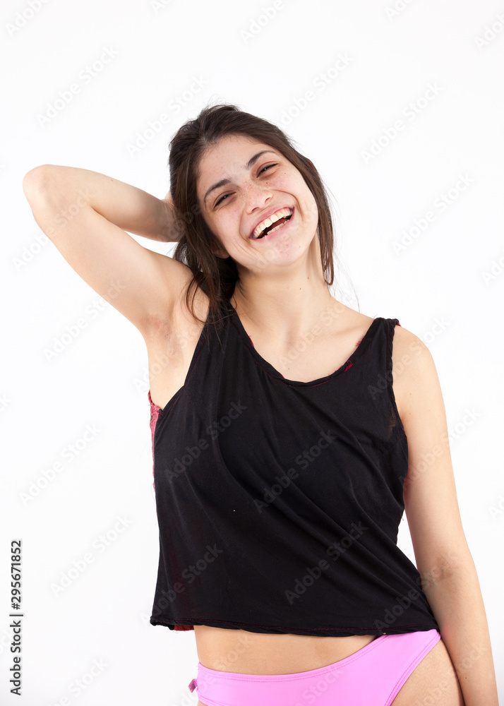 Happy emotional girl on a light background Happy emotional girl on a light background