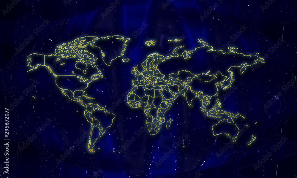 World map in gold wrap. Map in gold. World map on blue abstract