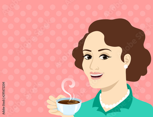retro style woman with coffee cup on pink polka dots background . pop art