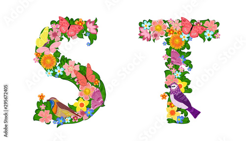 fancy collection of colorful letters S, T with butterflies and b