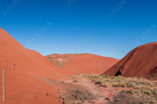 Landscape of barren red hills in Petrified Forest National Park in Arizona