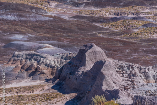 Landscape of purple stone hillsides at Blue Mesa in Petrified Forest National Park in Arizona