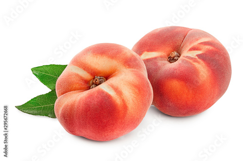 Ripe chinese flat peach fruit with leaf isolated on white background