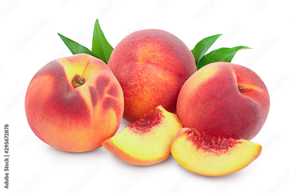 Ripe peach fruit and slice with leaf isolated on white background Ripe peach fruit and slice with leaf isolated on white background