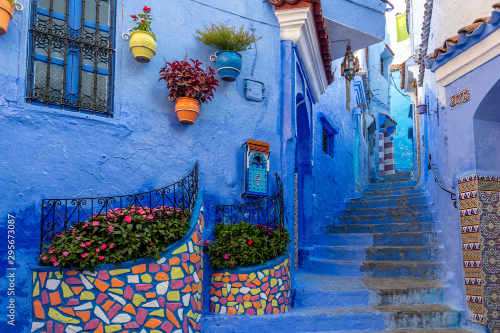 Fototapeta premium Stunning blue streets and tiles of Chefchaouen Morocco