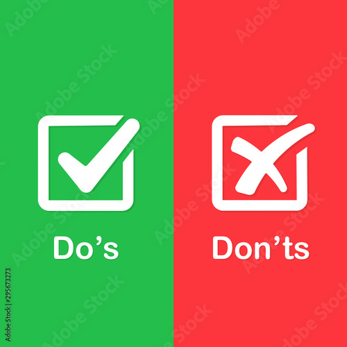Check marks ui button with dos and donts.  Sign post indicating Do's vs Don'ts. Concept of poor or good test result or performance review.