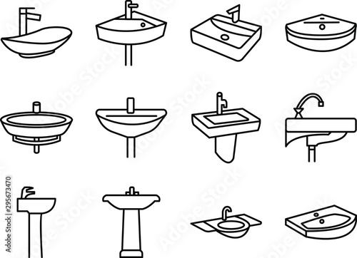 Sink icon set, Silhouette sink, Wash basin, Faucet icon set in thin line style